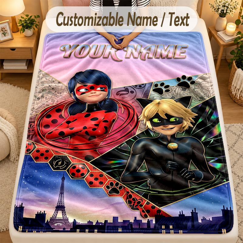 Flannel BlanketMiraculous Ladybug Custom Name Text Personalized Soft Warm Throw Blanket Home Decor Gift