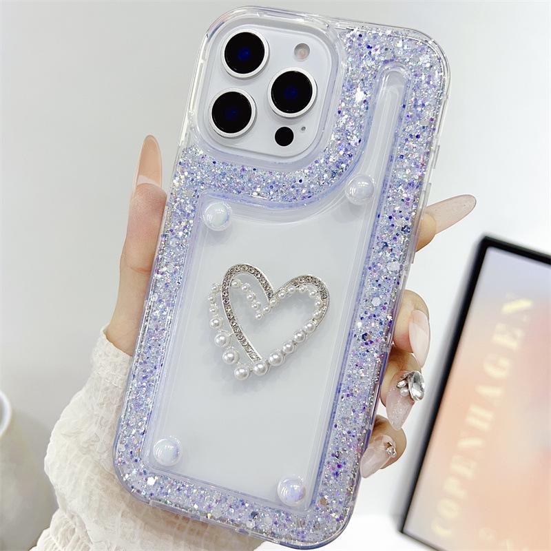 Heart-Shaped Glitter Rhinestone Transparent iPhone 16 Case, Compatible with Models 11-15