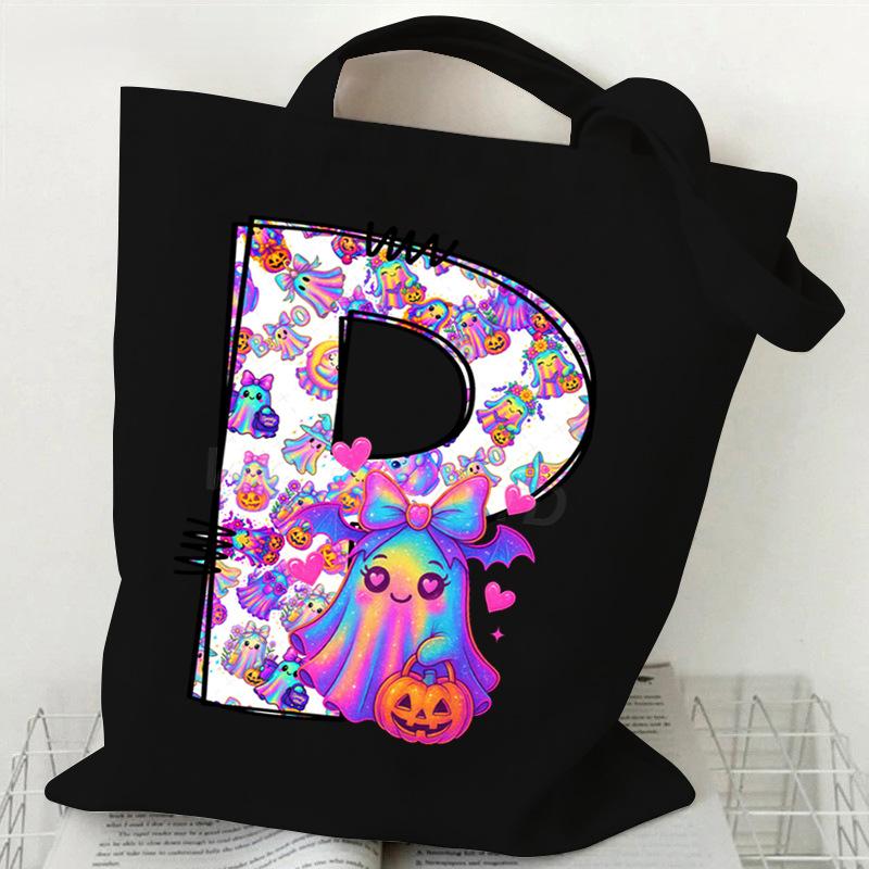 Halloween Alphabet Canvas Bag Going Out Portable Handbag Women's Large Capacity Casual Shoulder Crossbody Bag