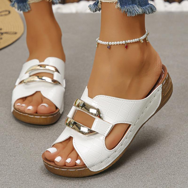 Women's Wide Width Peep-Toe Sandals, Metal Buckle Cutout Platform Wedges, Summer Outdoor Slides for Women
