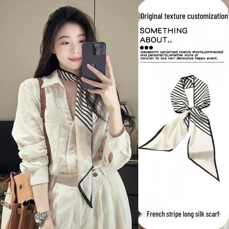 Elegant Black & White Striped Silk Scarf: Retro, Versatile Accessory