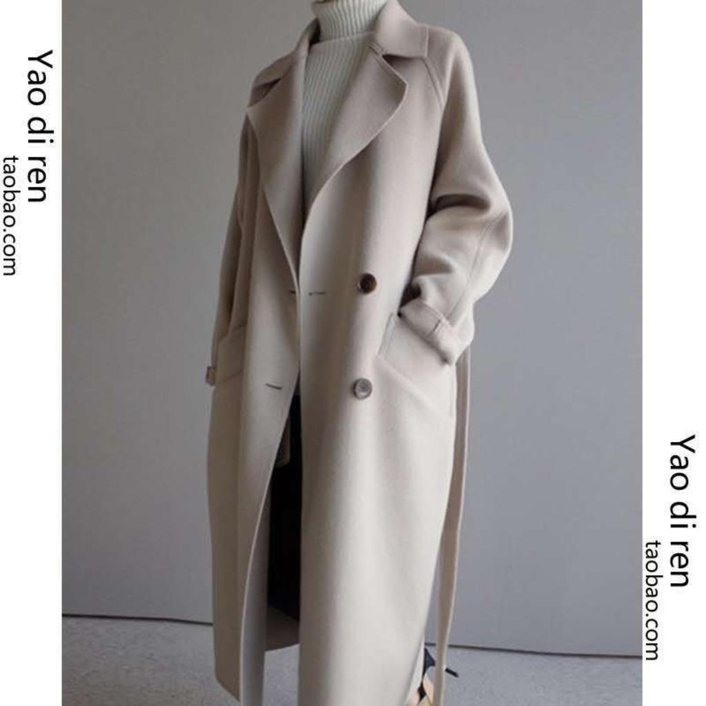 Women's Lapel Long Sleeve Loose Fit Trench Coat Casual Belted Wool Blend Mid-Long Jacket