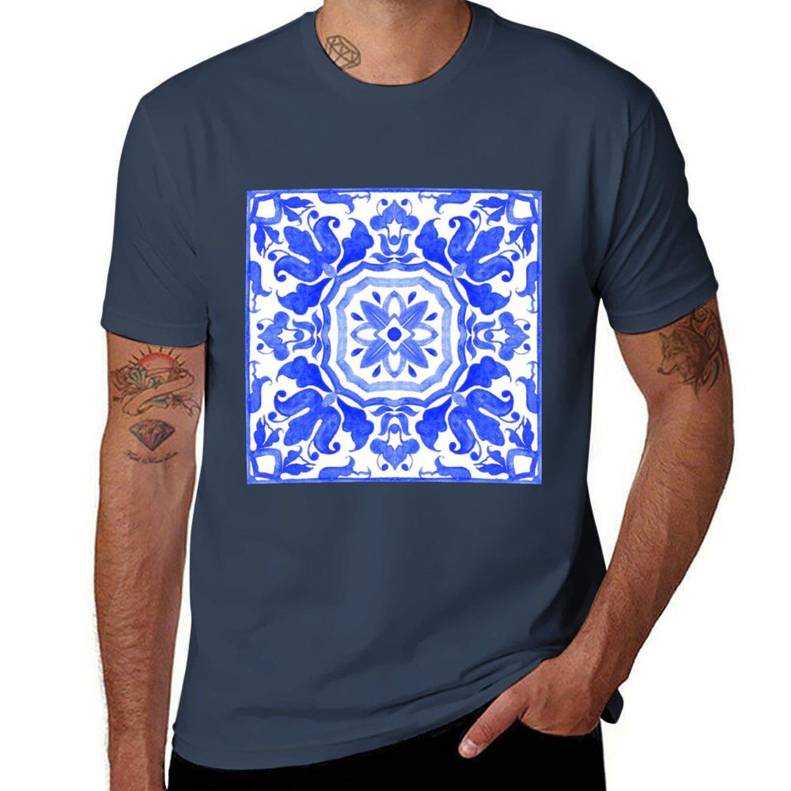 Portuguese Azulejo Tiles Tshirt Soft Basic Cotton Short Sleeve Tee S