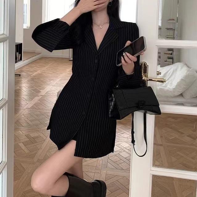 Erotic lingerie boyfriend shirt long sleeve striped slim and versatile mid-length slimming autumn waist top