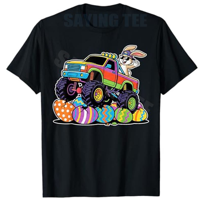 Funny Easter Day Bunny Monster Truck Eggs Rabbit Boys TShirt Y2k Egg Hunting Graphic Apparel Short Sleeve Blouses Cotton Tops S