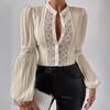 Plus Size Shirts Women Elegant Tops Fashion Lace Patchwork Lantern Sleeve Vintage Stand Hollow Out Casual Loose Blouse Women Buttons Slim Shirt 3291