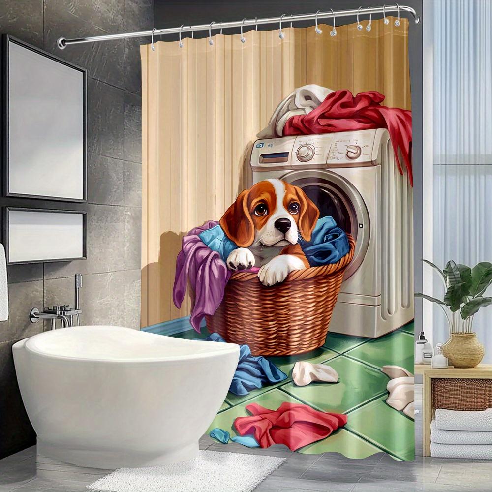 Adorable Puppy Shower Curtain - Laundry Basket & Washing Machine Print, Durable Machine-Washable Fabric, Playful Design