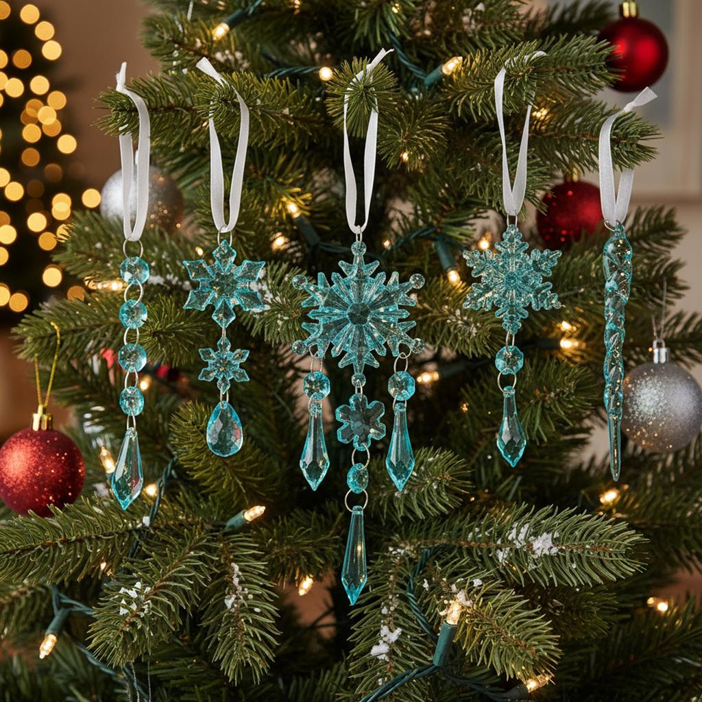 10 Pcs Christmas Tree Pendants with Strings Hanging Acrylic Snowflake Icicle Ornaments for Xmas Tree Home Party Supplies