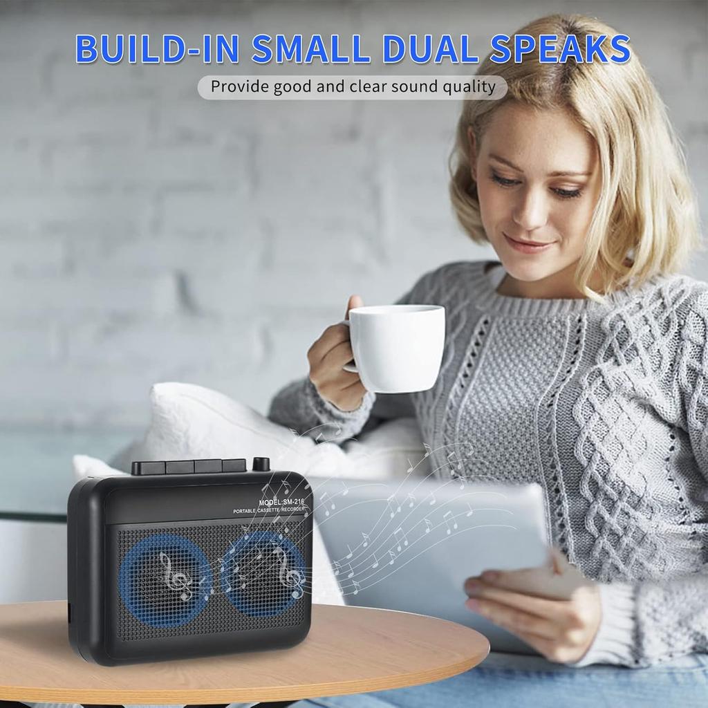 Portable Cassette Player Recorder with Bluetooth Transmitter, Walkman Cassette Tape Player with Headphone Jack, Build-in Speaker, Microphone Jack,