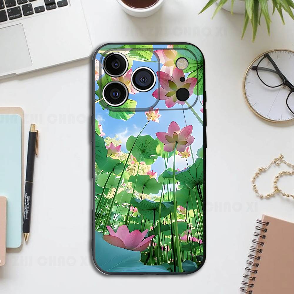 Lotus Flower Silicone Soft Phone Case For IPhone17 16 15 14 13 12 11 Pro Max Plus X XR SE Cover