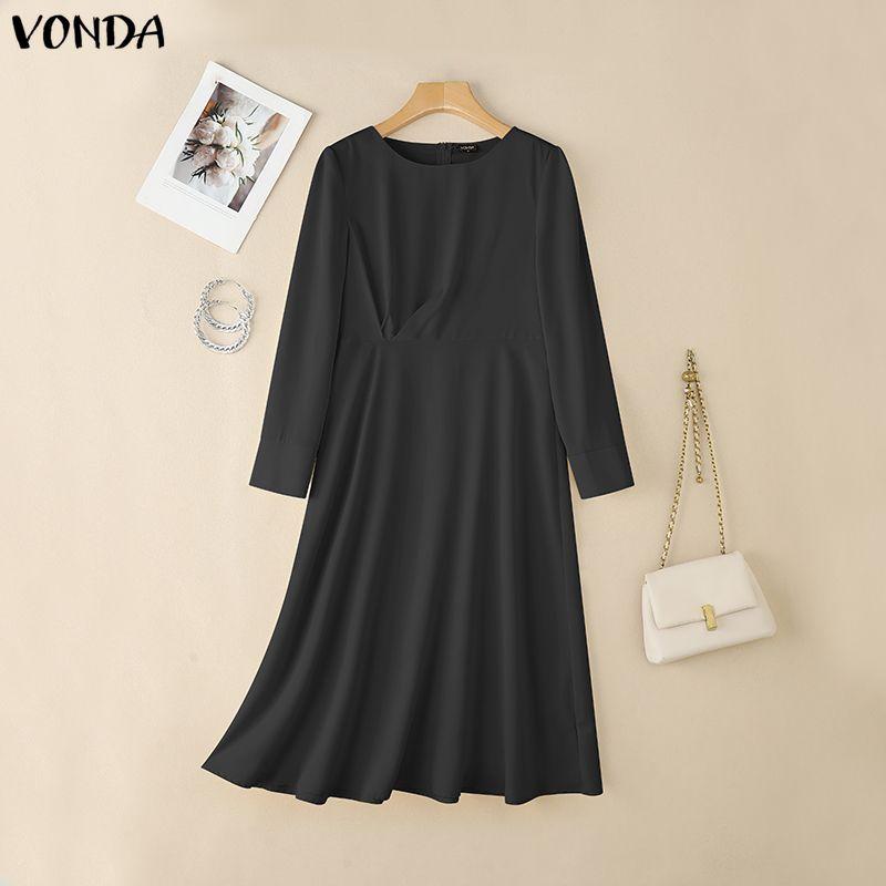 

VONDA Элегантное женское платье А-силуэта с круглым вырезом, длинными рукавами и боковыми оборками для повседневной носки S чёрный