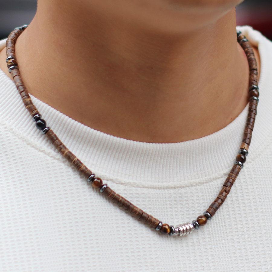 Personalized Men Natural Coconut Husk Necklace 20 Inches Stainless Steel Buckle Neck Accessories Gift For Him Wood Collar Homme
