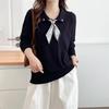 2025 Autumn Plus Size Women's Bow Collar Knit Top - Long Sleeve Pullover