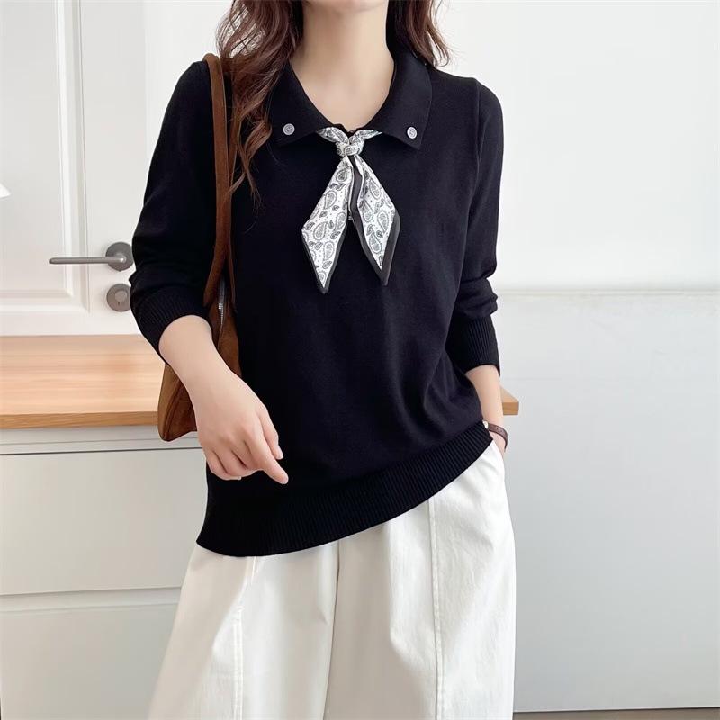 2025 Autumn Plus Size Women's Bow Collar Knit Top - Long Sleeve Pullover