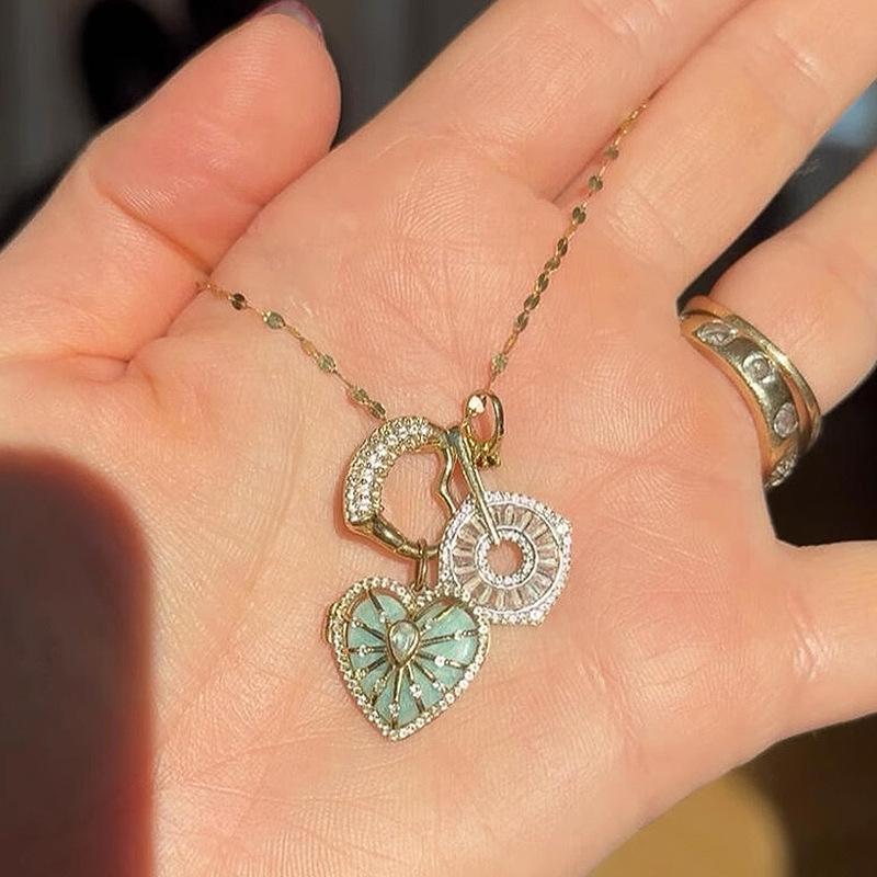 Original Sun flower Heart Pendant Fashionable Light Luxury Sparkling Starlight Full Diamond Mint Green Necklace Wedding 45cm