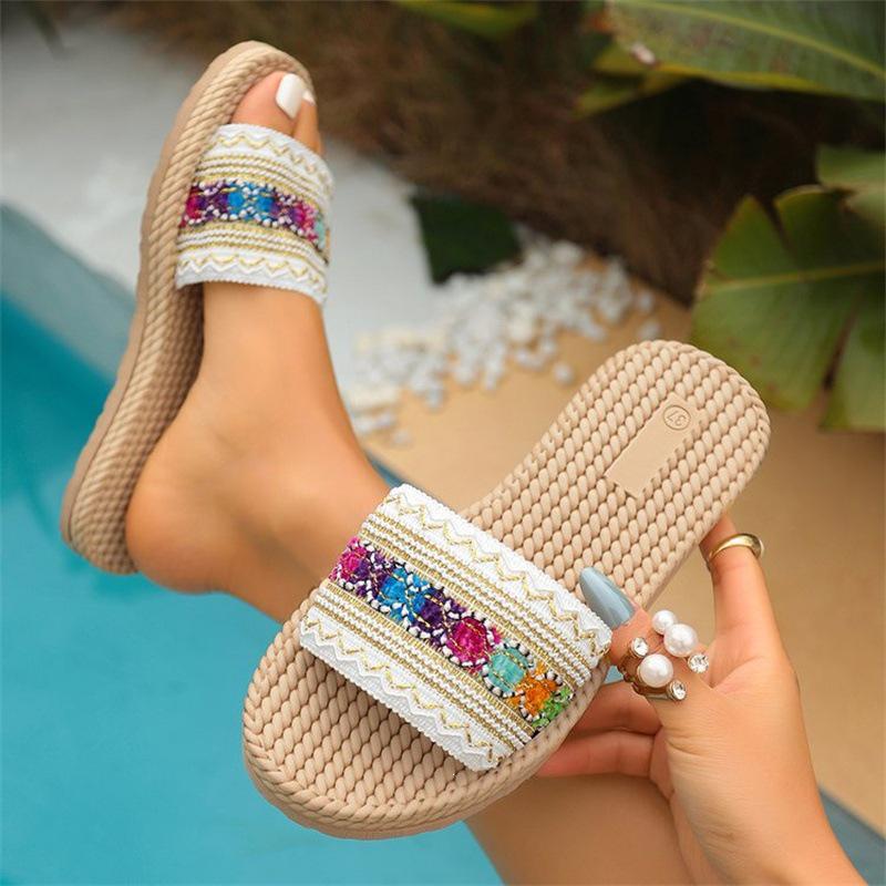 Ethnic Style Thick-Soled Large Size Casual Open-Toe Flip-Flop Sandals with Hemp Rope Sole