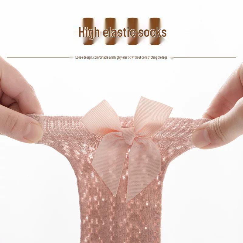 Autumn High Tube Breathable Mesh Baby Socks with Anti-Drop Bow Design