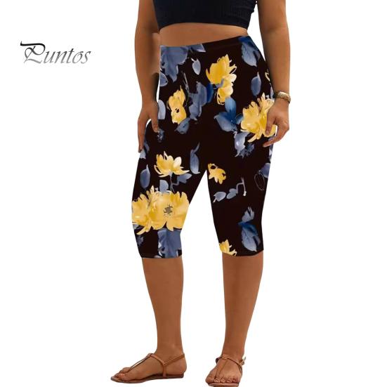 

Женские укороченные брюки с эластичной резинкой и высокой талией, с цифровым цветочным принтом, брюки длиной до середины голени, облегающие укороченные брюки XL жёлтый
