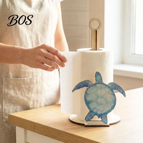 Nautical Kitchen Accessories Ocean Style Vertical Paper Towel Holder, Solid Wood Roll Stand with Holder Seahorse Crab Sailboat Shell Design,