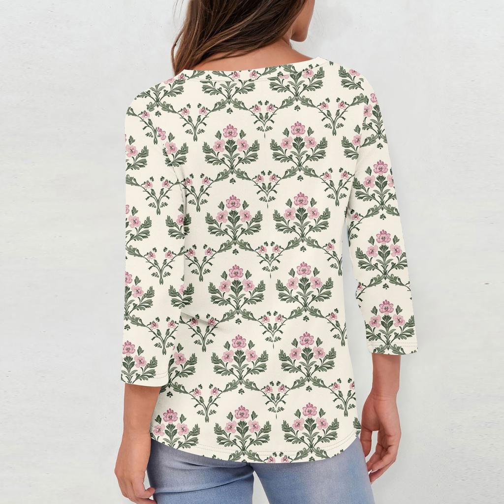 3/4 Sleeve Shirts For Women Button Down Shirt Top For Women Half Button Down Print Graphic Blouse