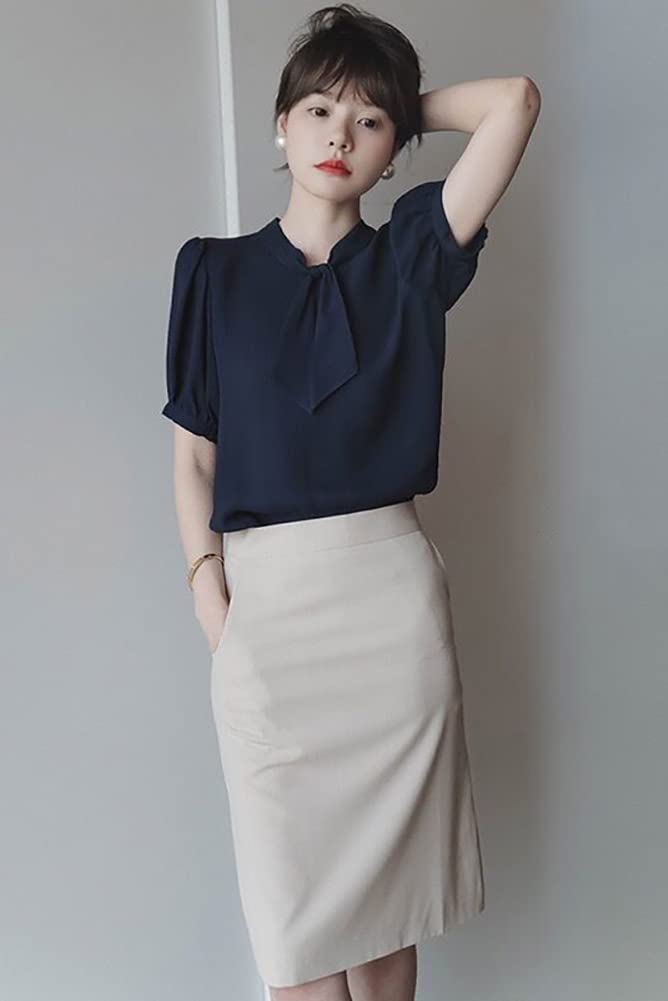Short Clean [H. Zroy] Shirts, Blouses, Women's Tops, Chiffon, Ribbon, Summer, Sleeves, Plain, Elegant, Office, Slimming, Stylish, OL, Commuting,