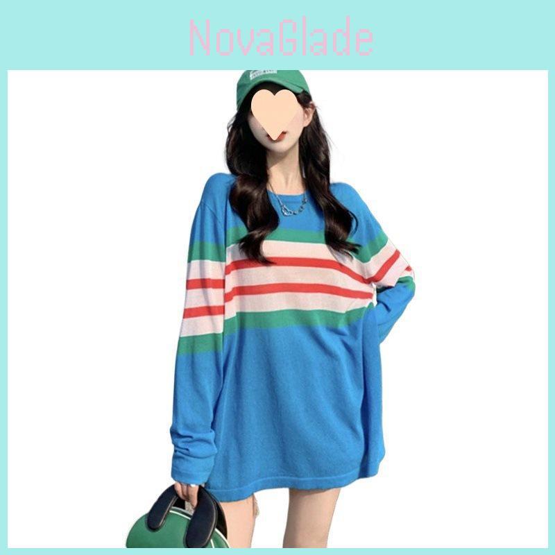 Ice Silk Striped T Shirt For Women With Loose Fit And Summer Style