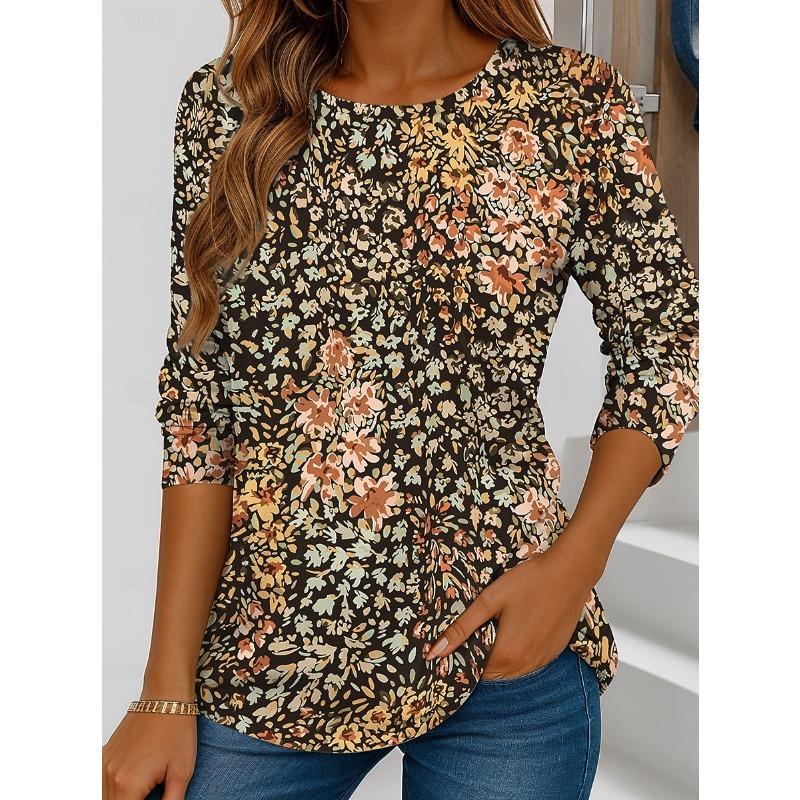 Camiseta de Manga Larga con Cuello Redondo y Estampado de Hojas para Mujer, Top Casual de Moda, Ropa Jersey