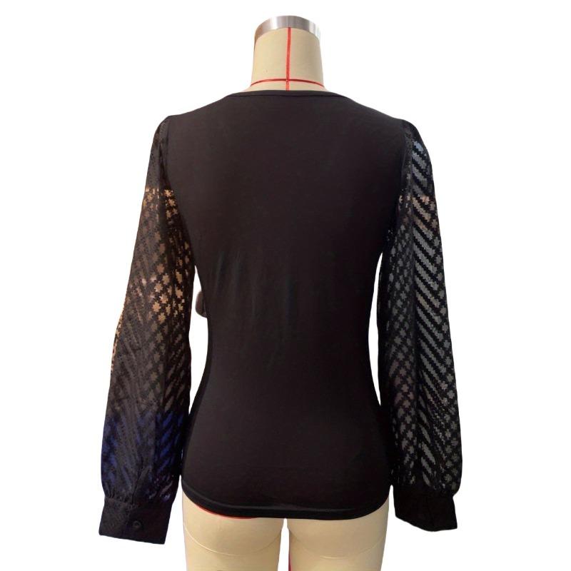 Women Solid Patchwork Deep V Neck Long Sleeve Knit Chiffon Blouse Top