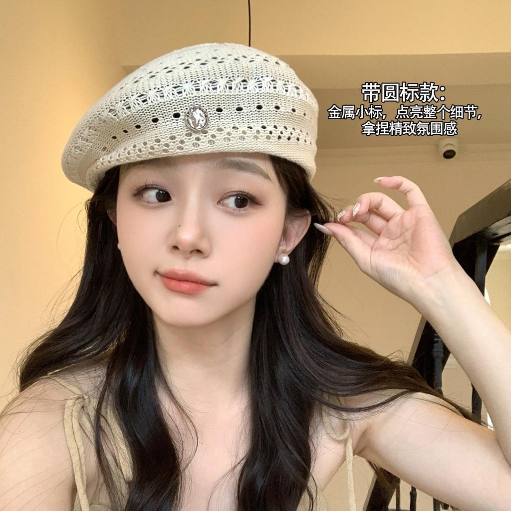 Retro solid color hollow thin beret women's new summer literary and versatile painter hat fashion octagonal hat