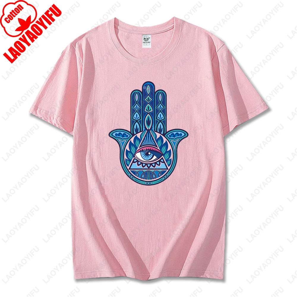 Blue Hamsa Hand Spiritual Protection Cotton Tops for Men Women Namaste Mandala Graphic Regular Short Sleeve Funny Casual Tshirt