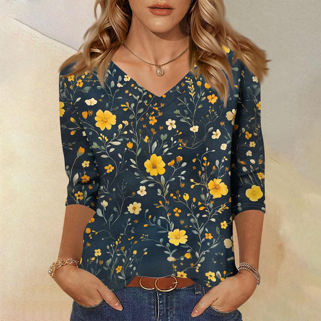 Women’s V Neck Floral Print Blouse Three Quarter Sleeve Casual Loose Fit Lightweight Top for Everyday Wear
