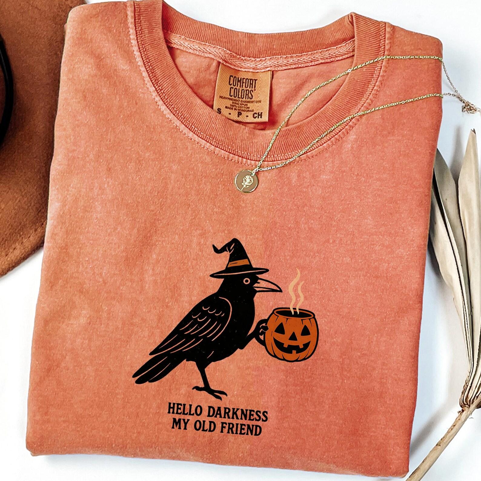 Raven Witch Hat Coffee T-Shirt: Funny Spooky Halloween Tee S