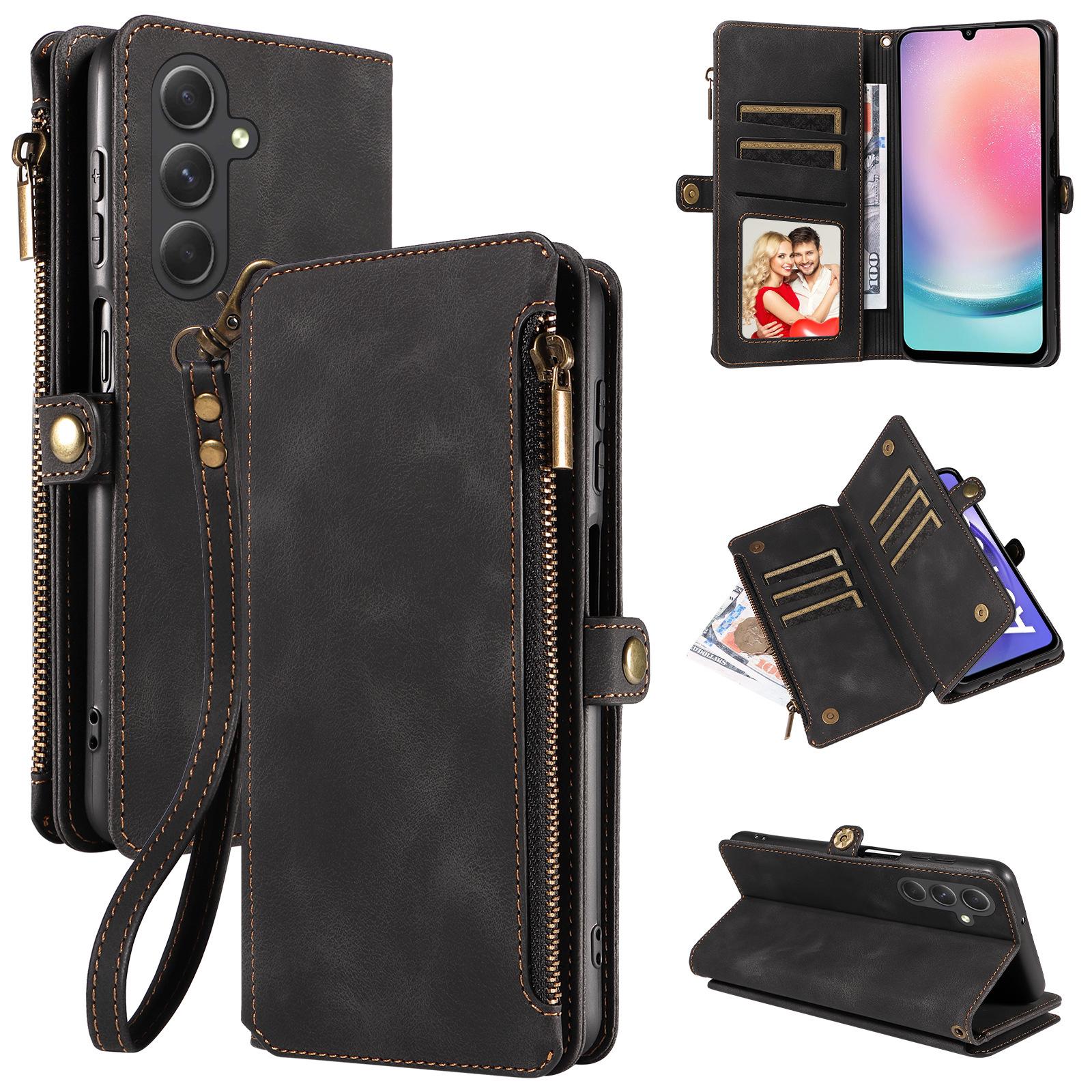 

For Samsung Galaxy A25 5G (Global) (161.0 x 76.5 x 8.3mm) Zipper Pocket Wallet Stand Leather Case Drop-proof Phone Cover with Strap Black