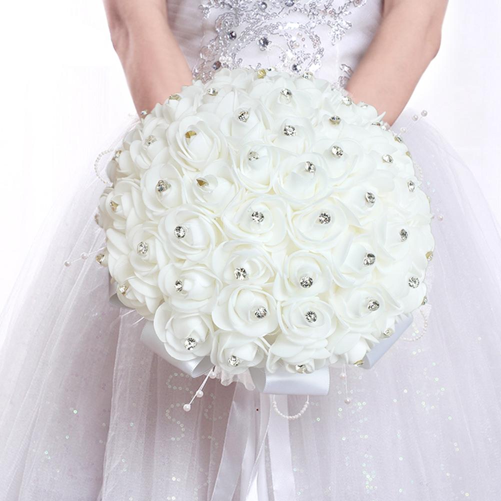 Weißer Brautstrauß Künstlicher Rosenstrauß mit Kristallperle für Hochzeit Verlobung Zuhause
