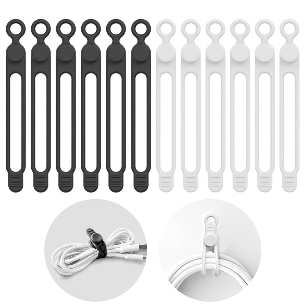 Pakalik Reusable Silicone Cable Ties Black White 12-Piece Set
