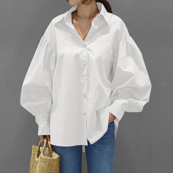 Turn-down Collar Single Breasted Anti-pilling Women Shirt Casual Lantern Sleeve Fashion Shirt Blouse Female Clothing