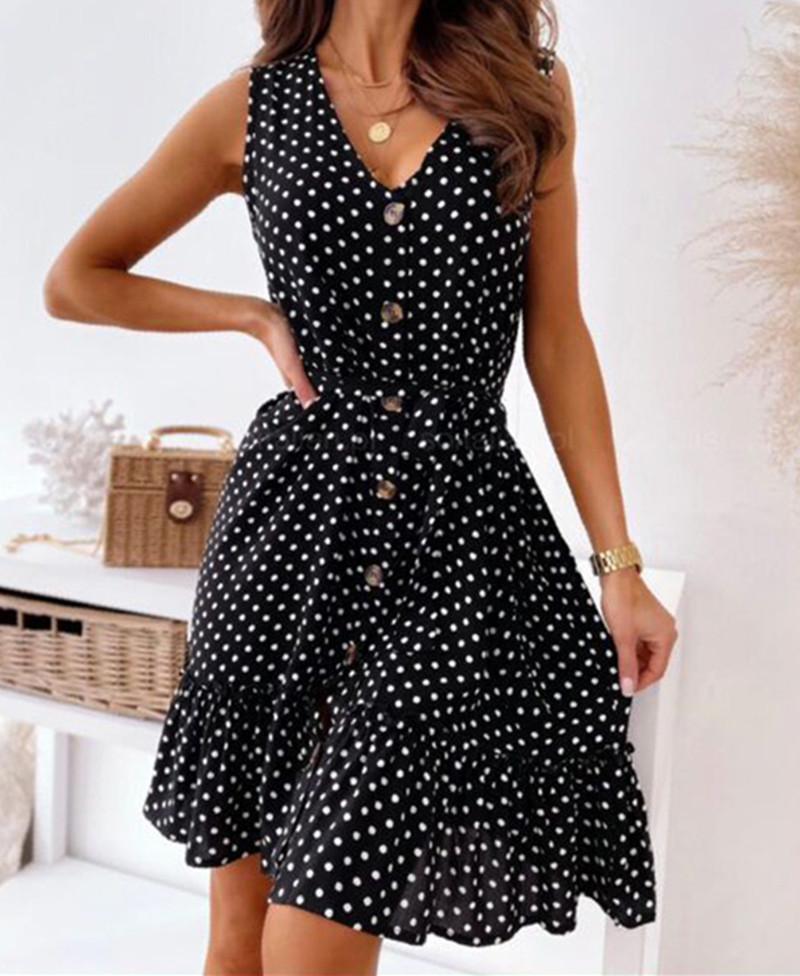 Europäisches und amerikanisches Sommerkleid 2022 mit V-Ausschnitt und Schnürung und gepunktetem Midikleid für Damen.