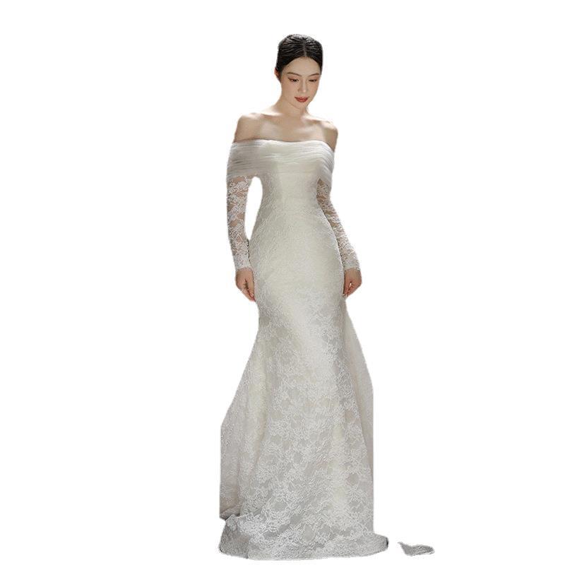 French Lace Long Sleeve Light Wedding Dress New Bride Shoulder Mori Out Dress Retro Fishtail Dress Dress