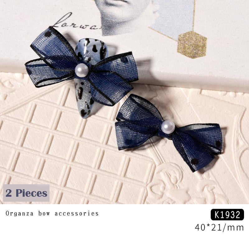 2Pcs Organza Bow Nail Art Decorations Retro Pearl Lace Ribbon Charm Manicure Accessories