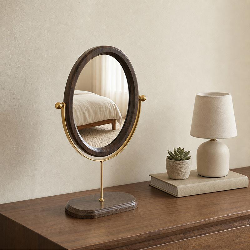 Vintage Walnut Color Light Luxury Mirror Desktop Makeup Mirror Rotatable Vertical Dressing Mirror For Bedroom