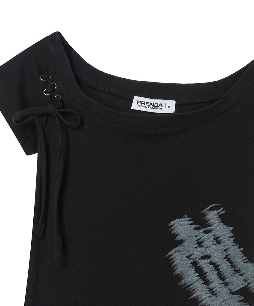 PRENDA Corset Detail One-Off-Shoulder Short Sleeve Black