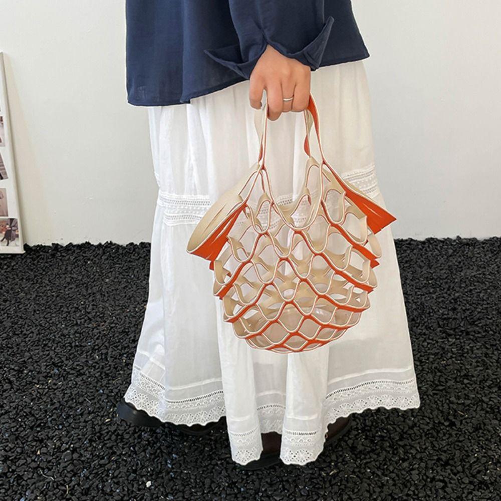 Foldable Leather Folding Tote Bag Large Capacity Woven Handbag Trendy Grocery Bag  Storage