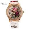 Orologio da polso da donna al quarzo con quadrante rotondo intarsiato di strass a forma di fiore e cinturino in ecopelle