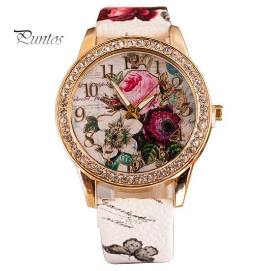 Orologio da polso da donna al quarzo con quadrante rotondo intarsiato di strass a forma di fiore e cinturino in ecopelle