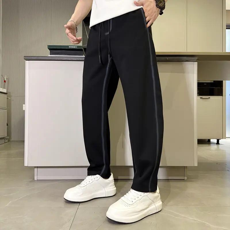 Men's Casual Striped Side Drawstring Pants Elastic Waist Loose Fit Straight Leg Trousers
