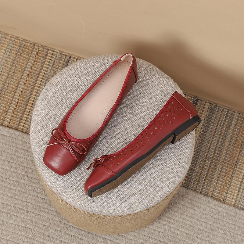 Fashion Women Simple and Elegant Daily Hollow Square Toe Ballet Flats Plus Size Solid Color Bow-Knot Slip-On Comfortable Mary Jane Shoes