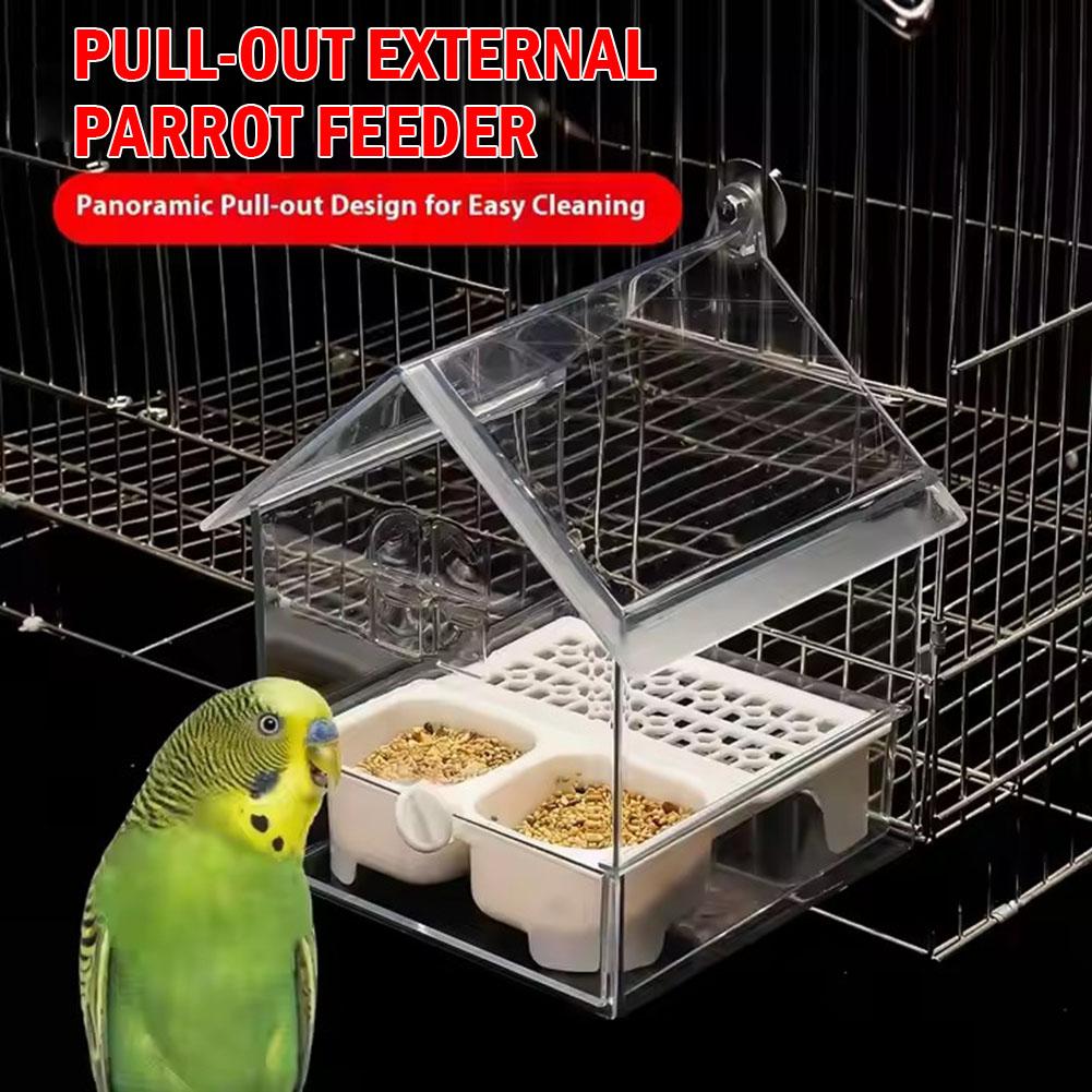 Pull-Out External Parrot Feeder Transparent Bird House Food Water Easy Dispenser And Fill, Clean Bottle To P8J3 verde