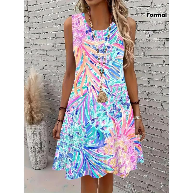 Women s Tropical Floral Print Sleeveless A-line Dress- Lightweight 5XL