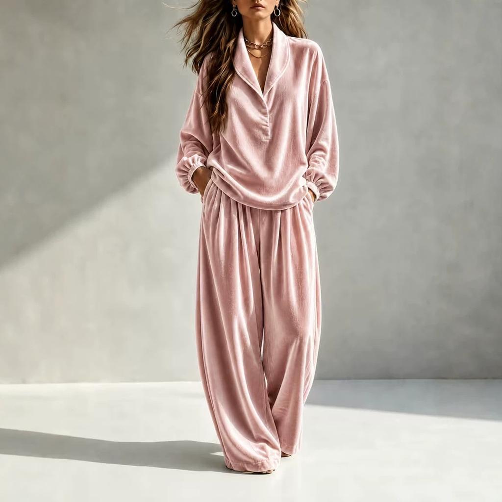 Completo due pezzi in velluto da donna con colletto a revers, top incrociato, pantaloni a vita alta a gamba larga, elegante loungewear