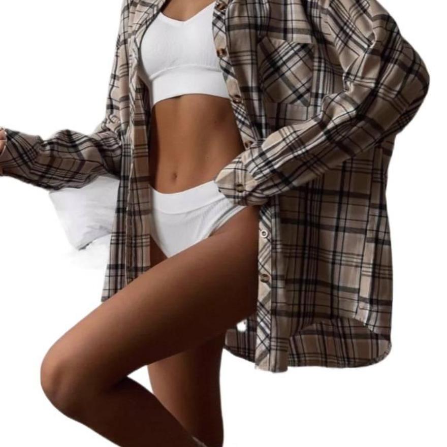 Autumn Retro Plaid Cardigan Loose Casual Fashion Long Sleeve Shirt women's clothing